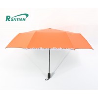 Cheap anti UV sun protection rubber painted plastic handle compact 3 fold umbrella orange